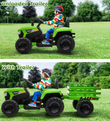 Kids are riding Tobbi 12V Battery Powered Tractors for Kids with Trailer, Mantis.